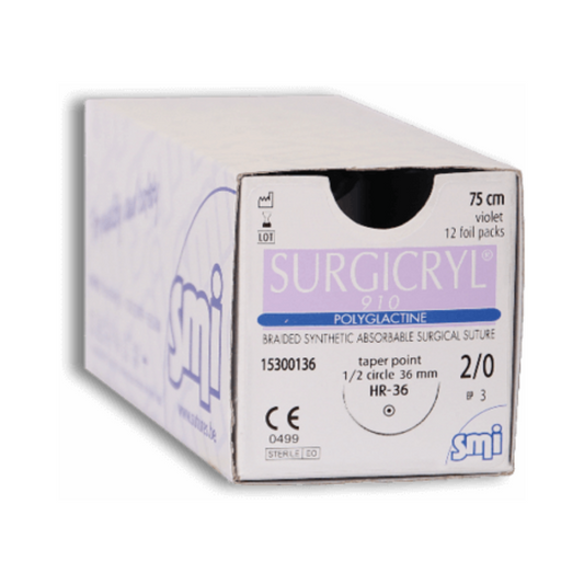 Surgicryl 910 Absorbable Suture Size 2/0 with 36mm Taper Point 1/2 circle 12's