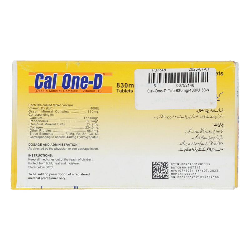 Cal-One-D Tab 830mg/400IU 30's